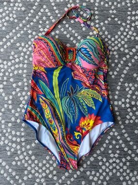 Boden Swim Women’s sz 14 LARGE swimwear tropical flowers blue pink tie Beach